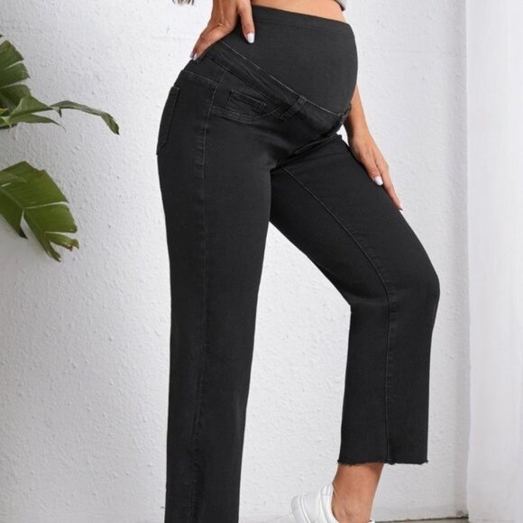 Black Casual Womens Maternity Wideband Waist Raw Hem Jeans - Picture 1 of 5